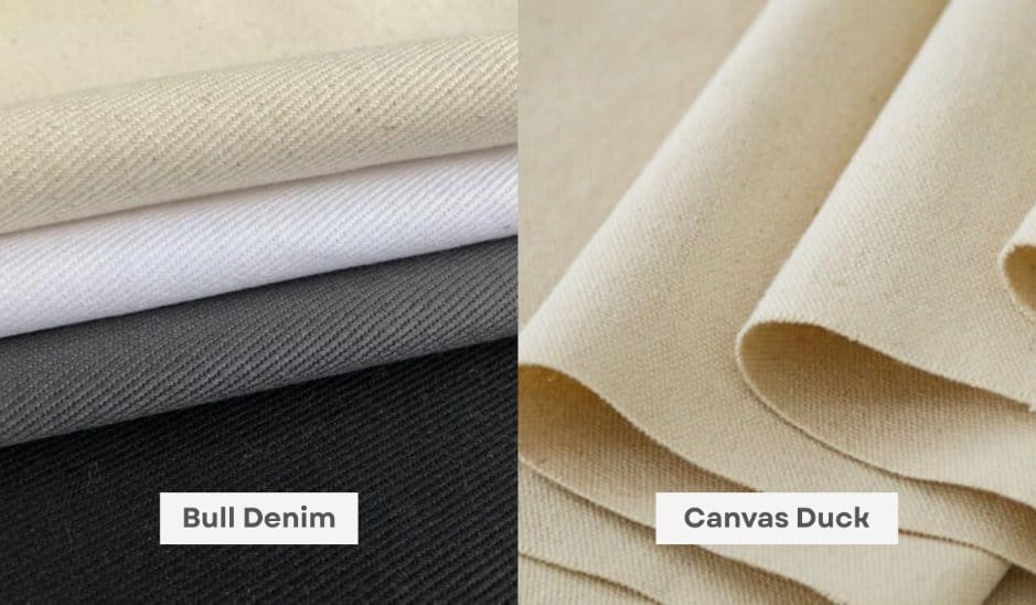 Comparison of bull denim fabric and canvas duck cloth showing texture differences