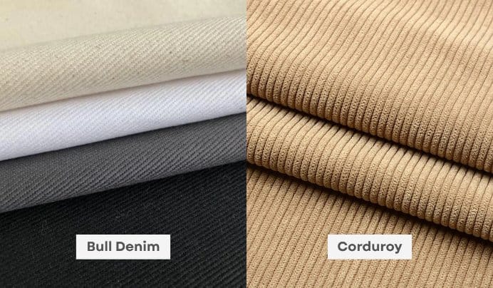 Bull denim compared to corduroy fabric showing smooth vs ribbed texture
