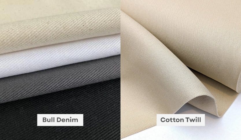 Bull denim and cotton twill fabric comparison showing similar weave structure