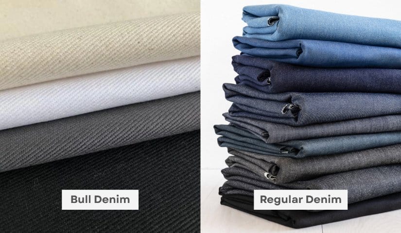 Bull denim fabric compared to regular denim showing color and weave differences