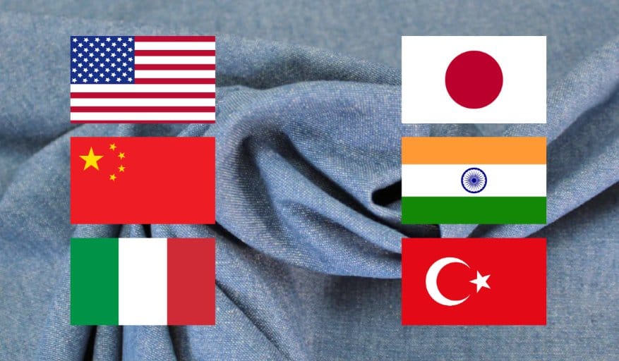 Blue cotton denim fabric with national flags representing global cotton denim production and influence around the world.
