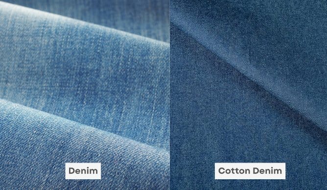 Side-by-side comparison of denim fabric and cotton denim showing subtle differences in labeling, texture, and composition.