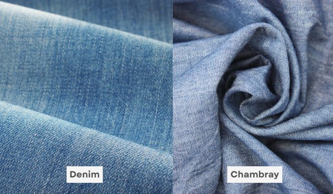 Side-by-side comparison of chambray and denim fabric textures, highlighting differences in weave, weight, and appearance.