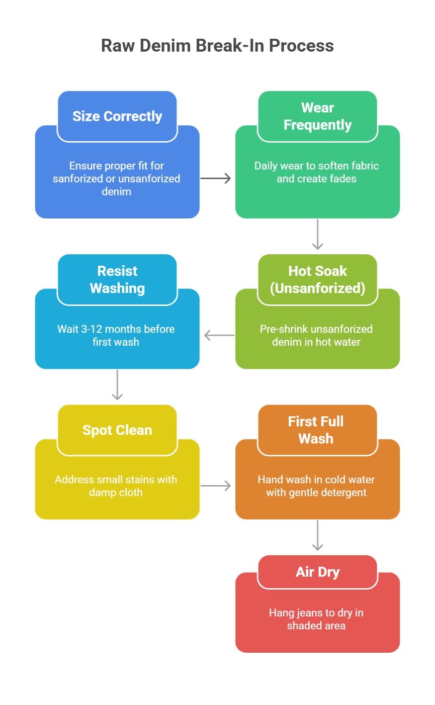 Infographic showing the raw denim break-in process including sizing, frequent wear, delayed washing, spot cleaning, first wash, and air drying.