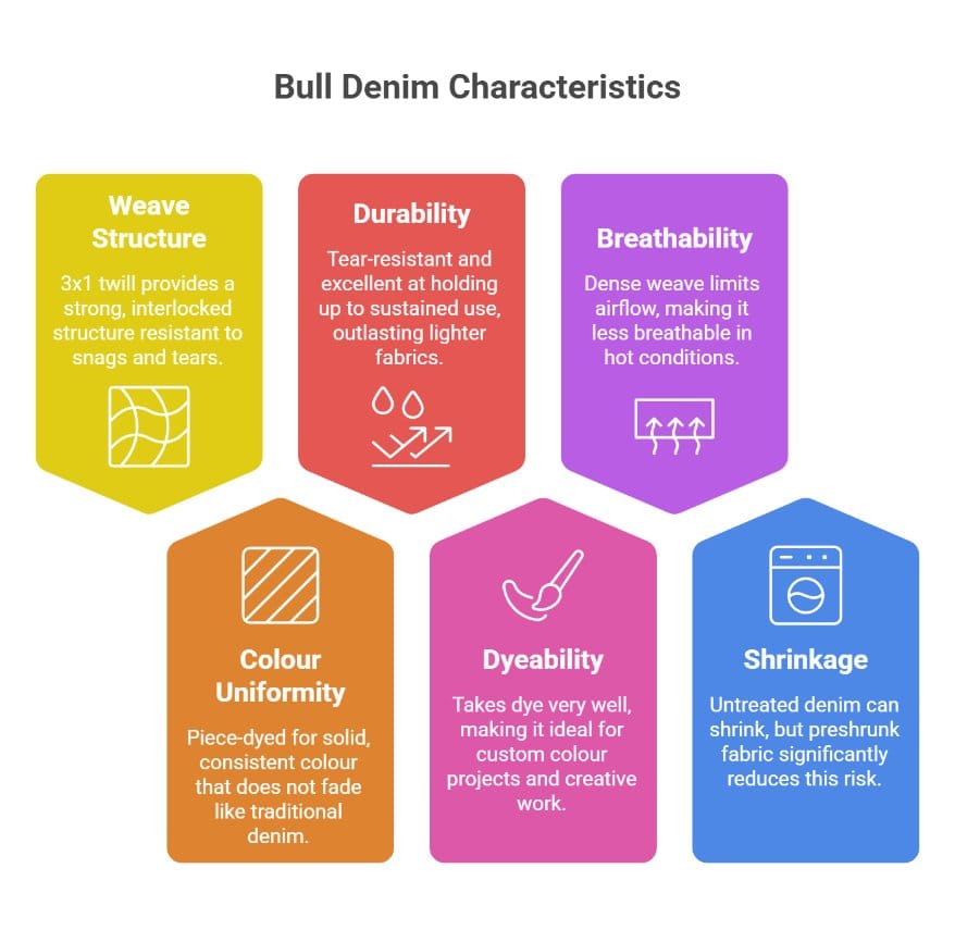 Key properties of bull denim including durability breathability and dyeability