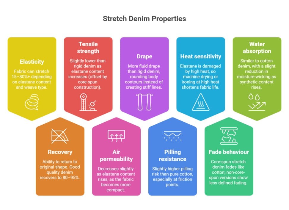 Stretch denim properties infographic showing elasticity, tensile strength, drape, heat sensitivity, and fabric performance features