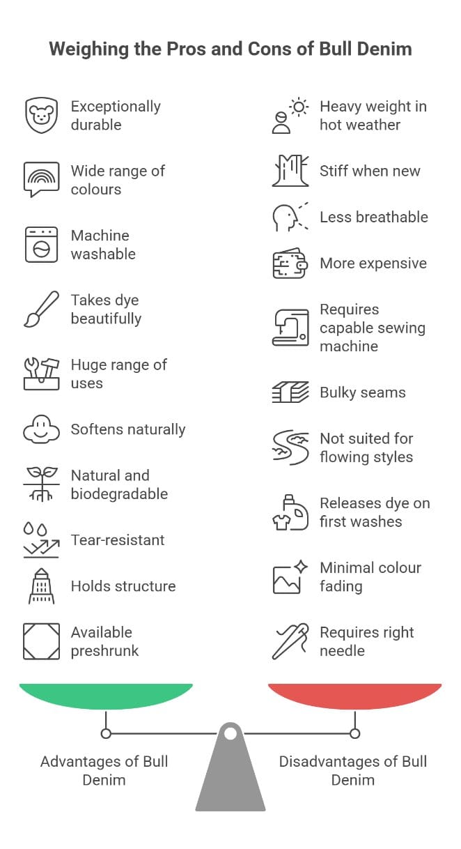 Advantages and disadvantages of bull denim fabric including durability and stiffness