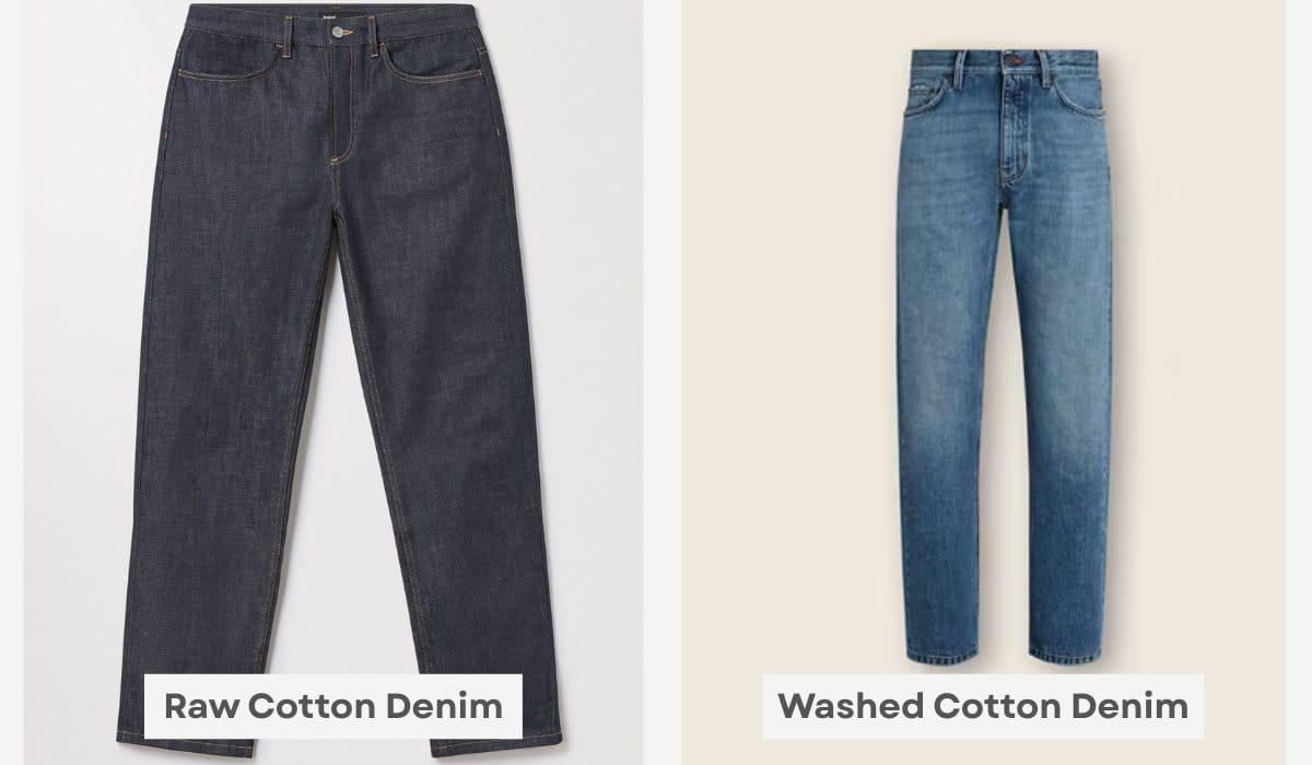 Side-by-side comparison of raw cotton denim and washed cotton denim jeans showing differences in color, finish, and treatment.