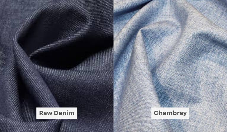 Side-by-side comparison of raw denim and chambray showing the difference between dense twill denim and lighter plain weave fabric.