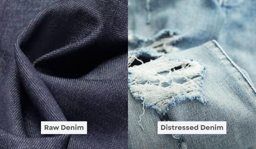 Side-by-side comparison of raw denim and distressed denim showing untreated dark fabric versus ripped pre-worn jeans.