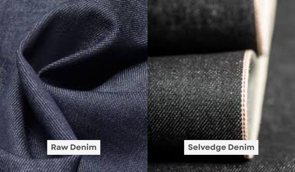 Side-by-side comparison of raw denim and selvedge denim showing untreated fabric versus denim with a finished selvedge edge.