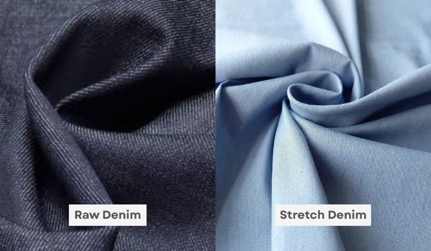 Side-by-side comparison of raw denim and stretch denim showing rigid dark denim versus softer flexible light blue denim.