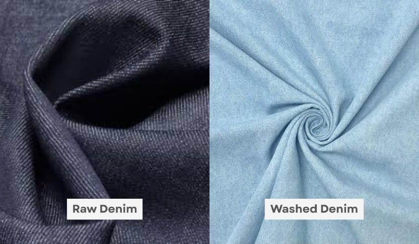 Side-by-side comparison of raw denim and washed denim showing dark untreated fabric versus light softened denim.