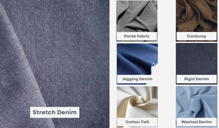 Comparison of stretch denim with ponte fabric, corduroy, rigid denim, cotton twill, and washed denim textures