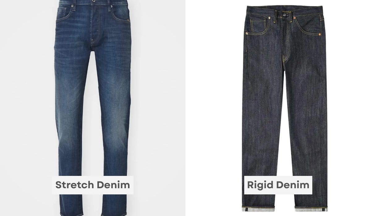 Side by side comparison of stretch denim jeans and rigid denim jeans showing differences in fit and structure