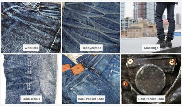 Collage of denim fade examples showing whiskers, honeycombs, stacking, train tracks, back pocket fade, and coin pocket fade.