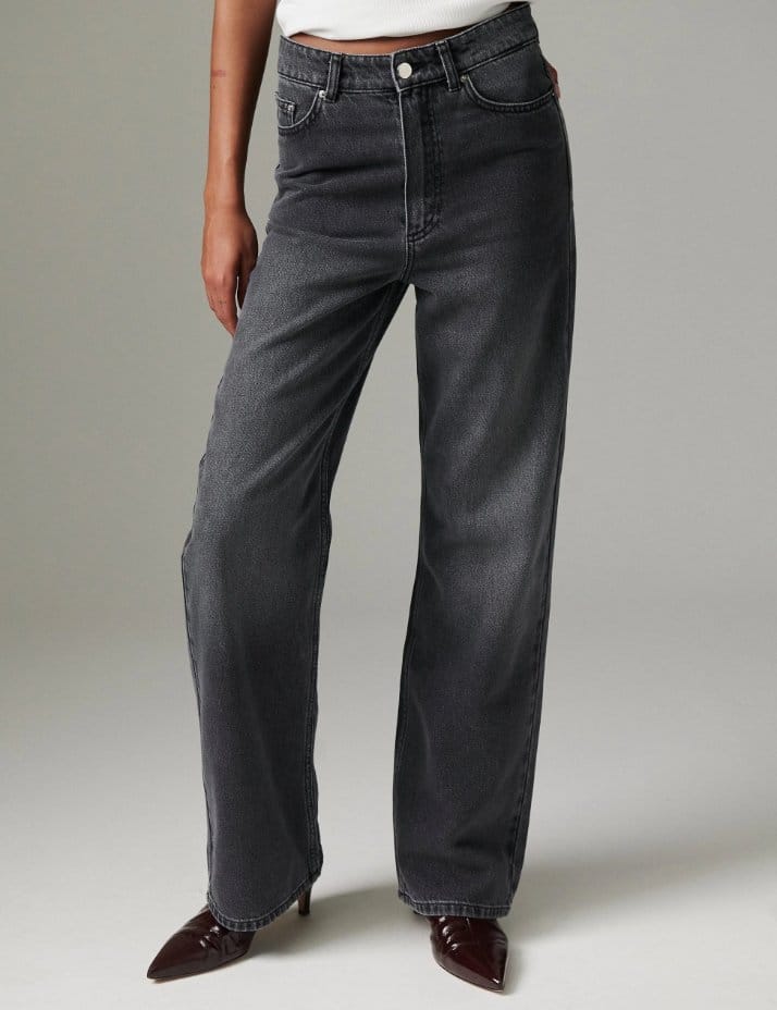 Modern wide leg stretch denim jeans showing evolving fashion trends and future styles in denim