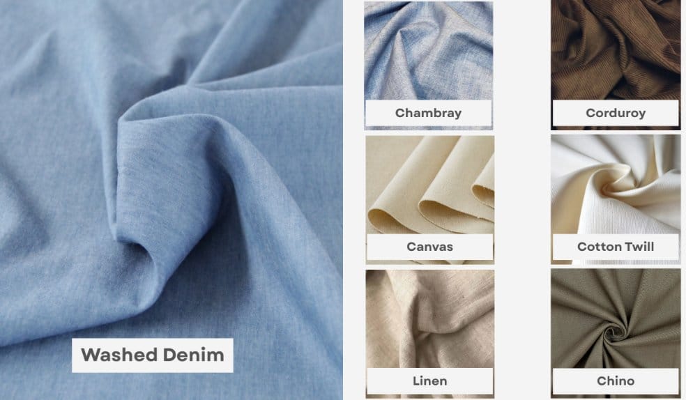 Washed denim compared with other fabrics including chambray, corduroy, canvas, cotton twill, linen, and chino. Comparison image showing washed denim beside chambray, corduroy, canvas, cotton twill, linen, and chino fabrics.