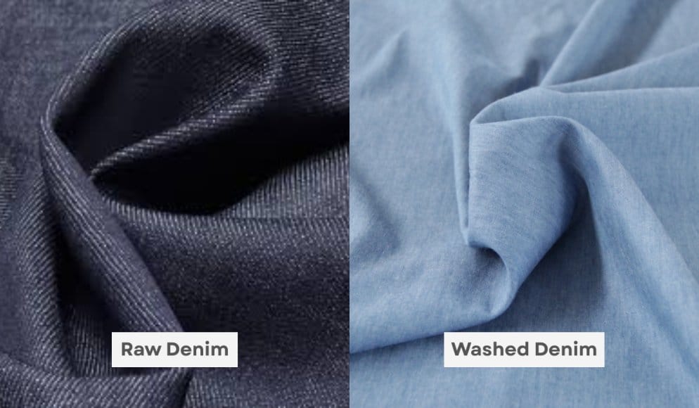 Raw denim vs washed denim comparison highlighting the difference between untreated and softened denim fabric. Side-by-side comparison of raw denim and washed denim showing dark rigid fabric versus light soft denim.