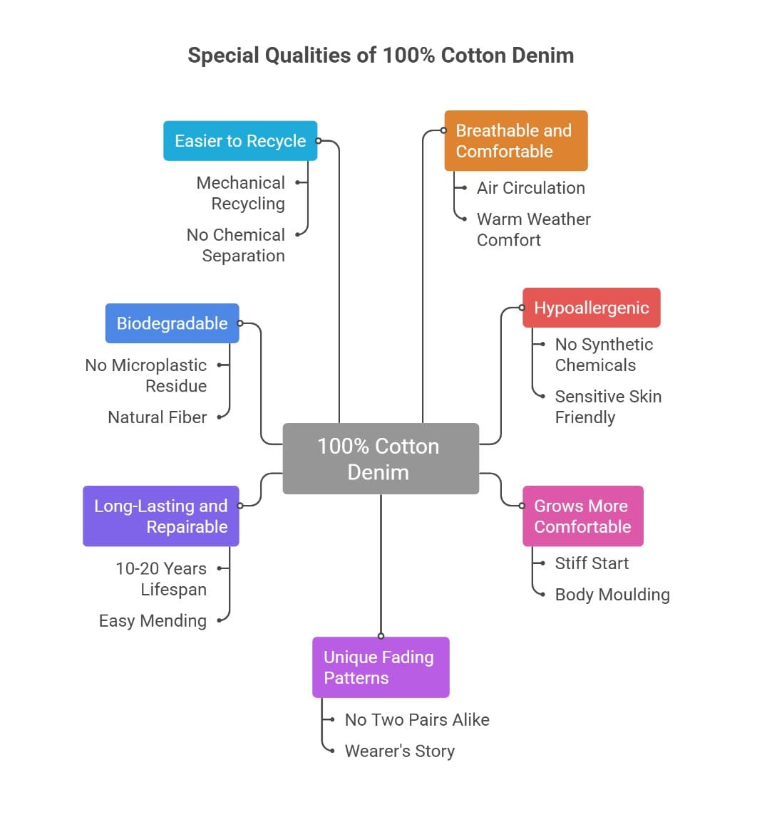 Infographic showing the special qualities of 100% cotton denim including comfort, durability, fading, recycling, and biodegradability.