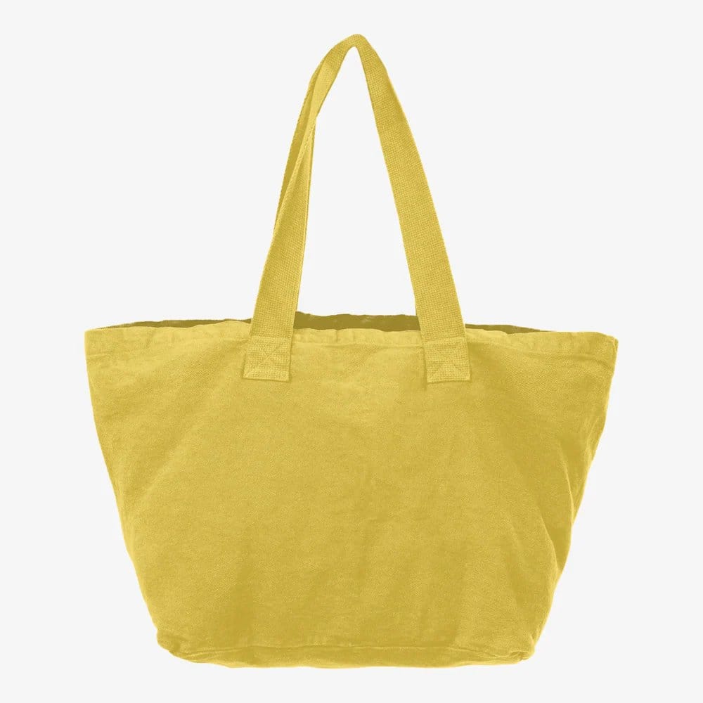 Yellow bull denim tote bag with sturdy handles made from heavy cotton fabric