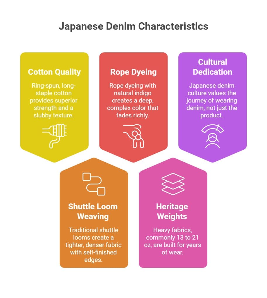 Infographic explaining what sets Japanese 100% cotton denim apart, including cotton quality, rope dyeing, shuttle looms, heritage weights, and craftsmanship.