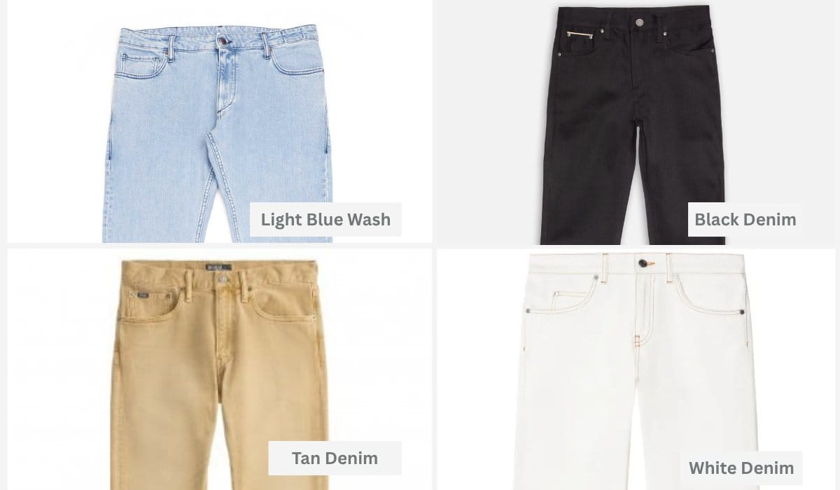Colored denim jeans in light blue black tan and white showcasing modern fashion trends