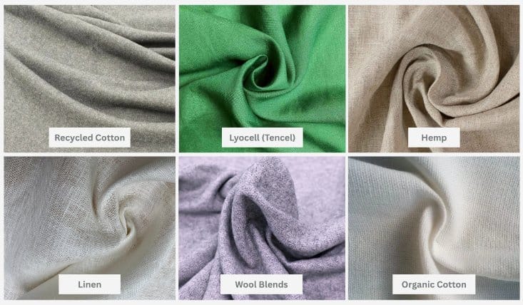 Sustainable fabric samples including recycled cotton, lyocell, hemp, linen, wool blends, and organic cotton for denim innovation