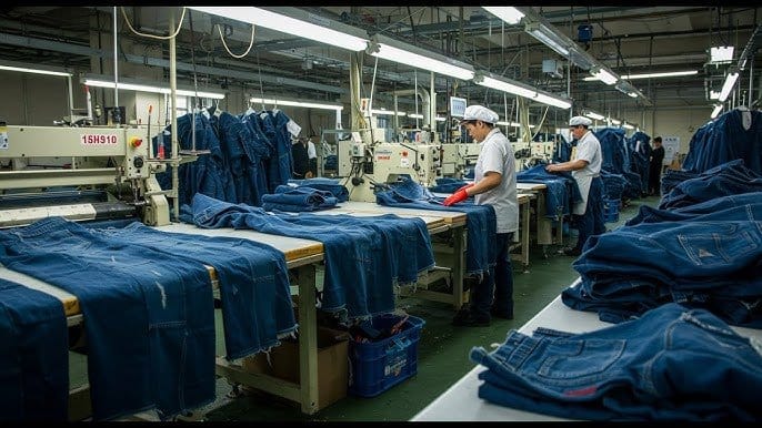 Workers in denim factory sewing jeans on production line with industrial machines