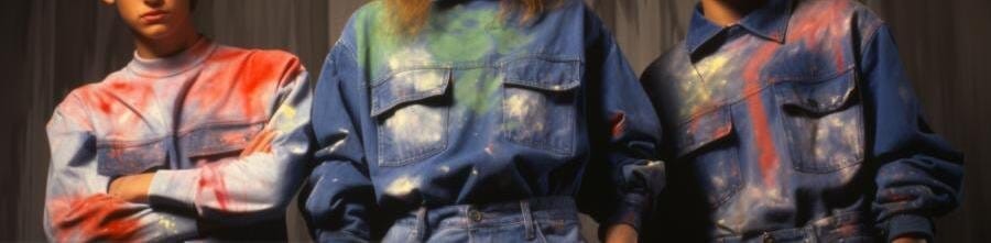 A Brief History of Acid Wash Denim acid wash denim fashion history showing colorful experimental designs on denim outfits
