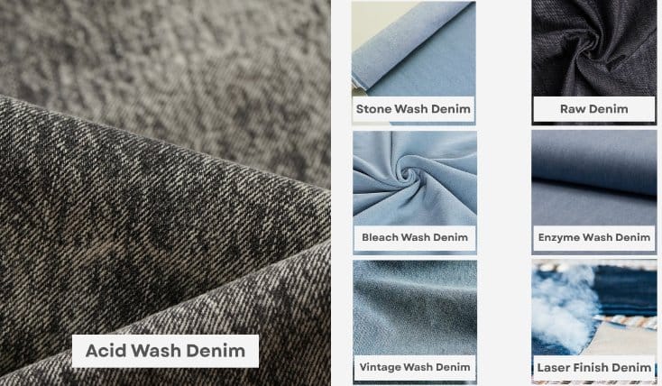 Acid Wash vs Other Denim Finishes comparison of acid wash denim with stone wash raw denim bleach wash and enzyme wash textures