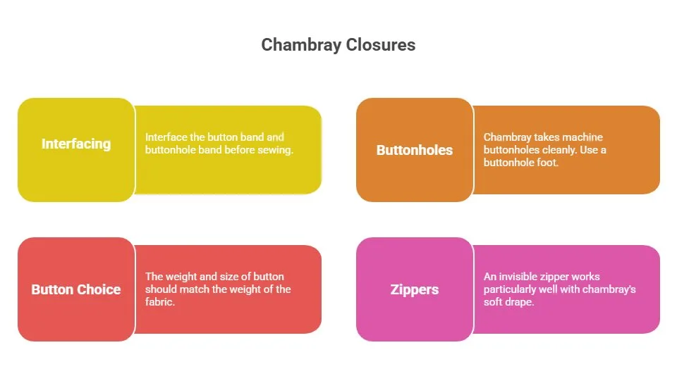 Infographic explaining suitable closures for chambray garments, including interfacing, buttonholes, buttons, and invisible zippers.