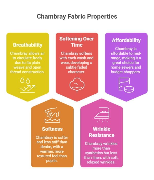 Colorful infographic highlighting key chambray fabric properties including breathability, softness, affordability, wrinkle resistance, and the way chambray softens over time with repeated washing and wear.