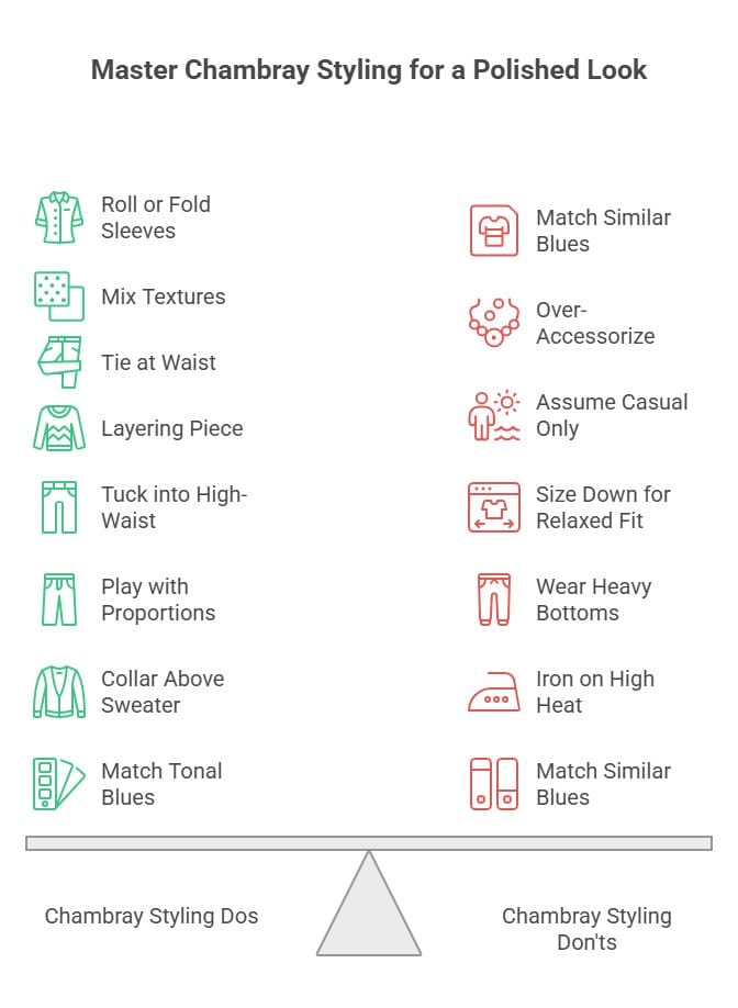 Infographic outlining chambray styling dos and don'ts, including layering tips, color matching advice, accessory recommendations, and common styling mistakes.
