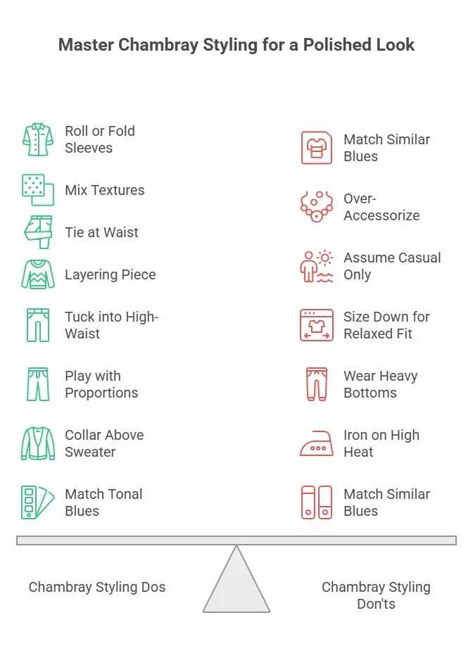 Infographic outlining chambray styling dos and don'ts, including layering tips, color matching advice, accessory recommendations, and common styling mistakes.