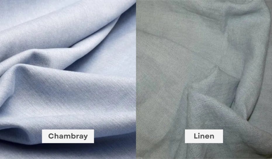 Side-by-side comparison of chambray and linen fabric textures, highlighting differences in weave, appearance, and surface finish.