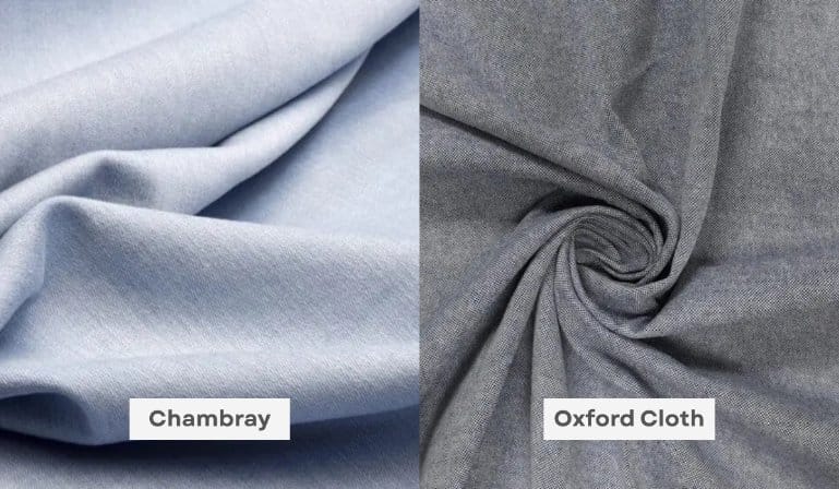 Comparison image showing chambray fabric beside oxford cloth to demonstrate differences in texture, weave, and appearance.