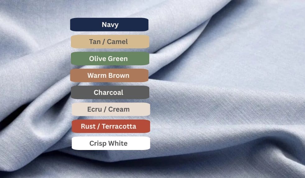 Color palette showing the best colors to pair with chambray, including navy, tan, olive green, brown, charcoal, cream, rust, and crisp white.