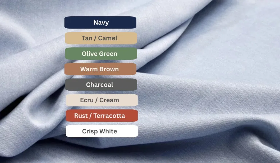 Color palette showing the best colors to pair with chambray, including navy, tan, olive green, brown, charcoal, cream, rust, and crisp white.