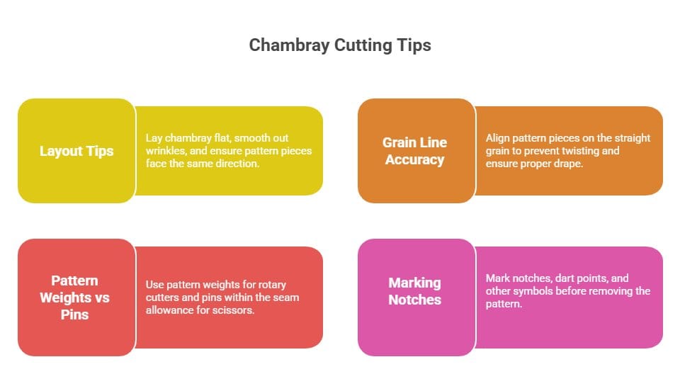 Infographic showing chambray fabric cutting tips, including grain alignment, pattern layout, marking notches, and using pattern weights.