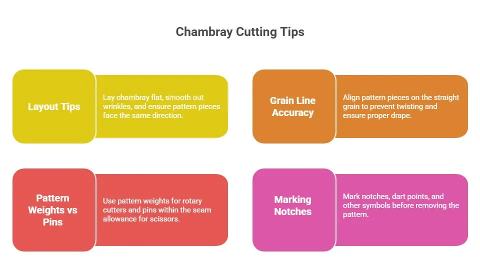 Infographic showing chambray fabric cutting tips, including grain alignment, pattern layout, marking notches, and using pattern weights.