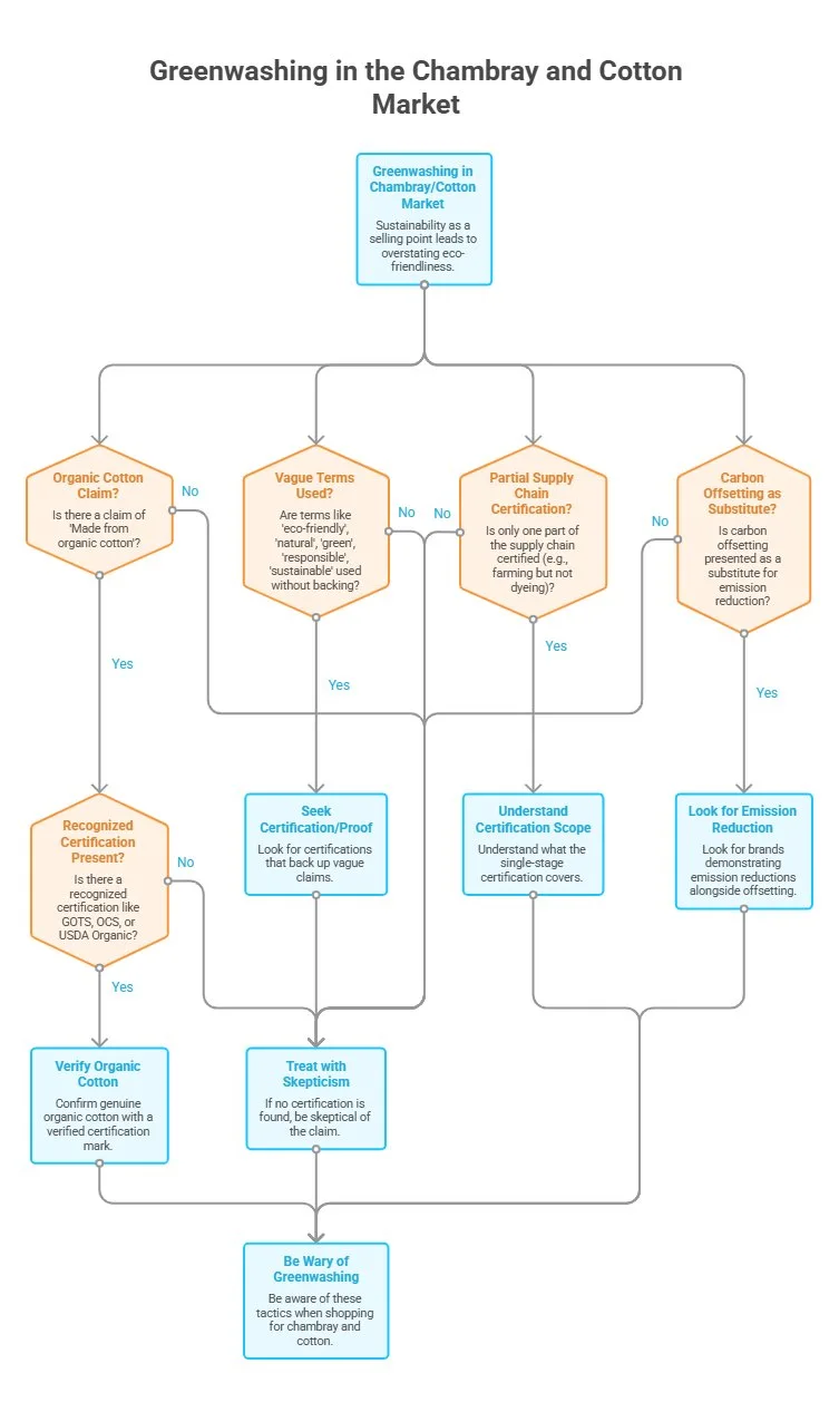 Flowchart infographic explaining greenwashing in the chambray and cotton market, covering organic cotton claims, certification verification, supply chain transparency, and carbon offsetting.