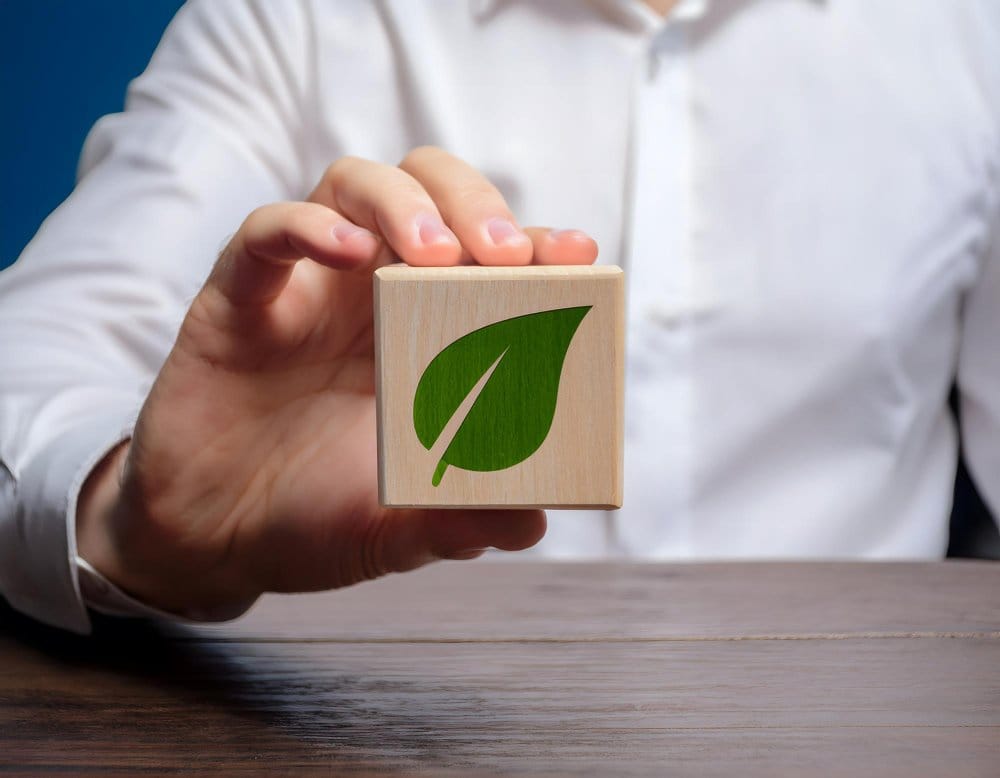 hand holding eco certification icon with green leaf symbol representing sustainable and ethical products