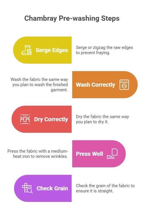 Infographic outlining chambray pre-washing steps including serging edges, washing, drying, pressing, and checking grain alignment.