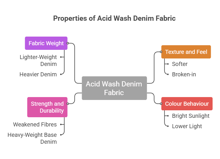 acid wash denim fabric properties infographic showing texture durability colour behaviour and fabric weight