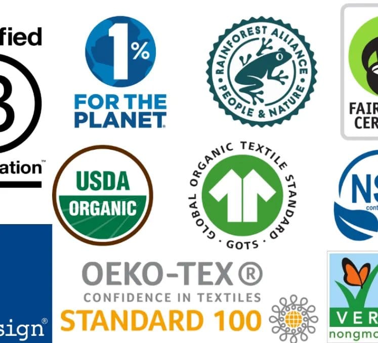 Collection of textile sustainability certification logos including GOTS, USDA Organic, OEKO-TEX Standard 100, Fair Trade, and Rainforest Alliance.