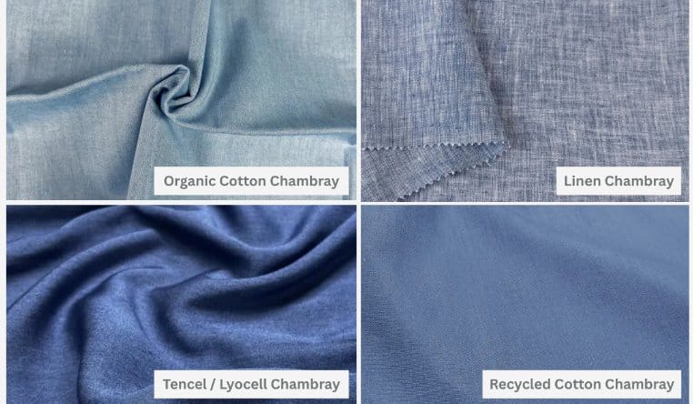 Comparison of sustainable chambray fabric alternatives including organic cotton chambray, linen chambray, Tencel chambray, and recycled cotton chambray.