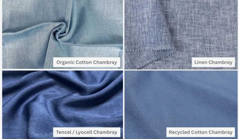 Comparison of sustainable chambray fabric alternatives including organic cotton chambray, linen chambray, Tencel chambray, and recycled cotton chambray.