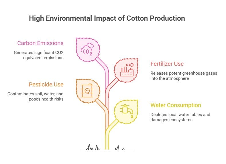 Infographic illustrating the environmental impact of cotton production, including carbon emissions, pesticide use, fertilizer use, and water consumption.