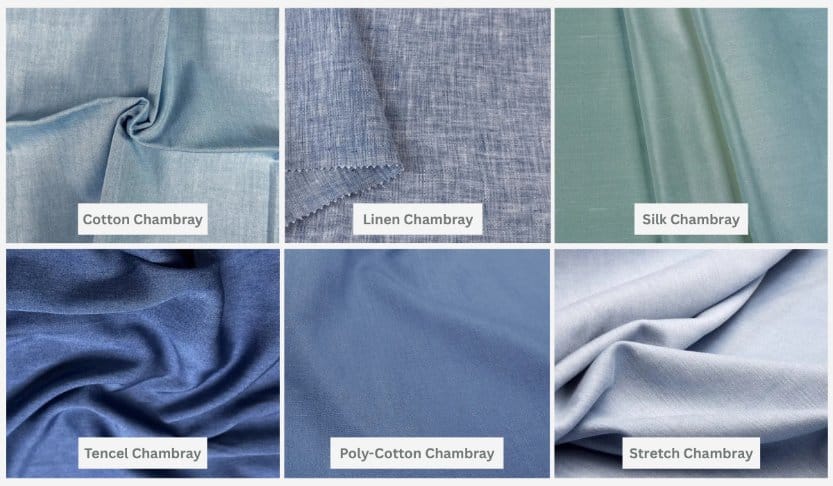 Fabric comparison chart displaying cotton chambray, linen chambray, silk chambray, tencel chambray, poly-cotton chambray, and stretch chambray.